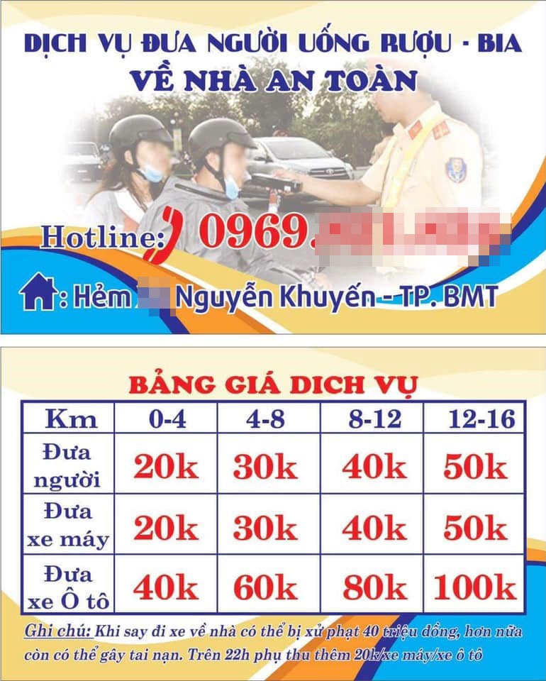 Hình ảnh về bảng giá dịch vụ đưa người uống rượu bia về nhà an toàn. Ảnh” LX