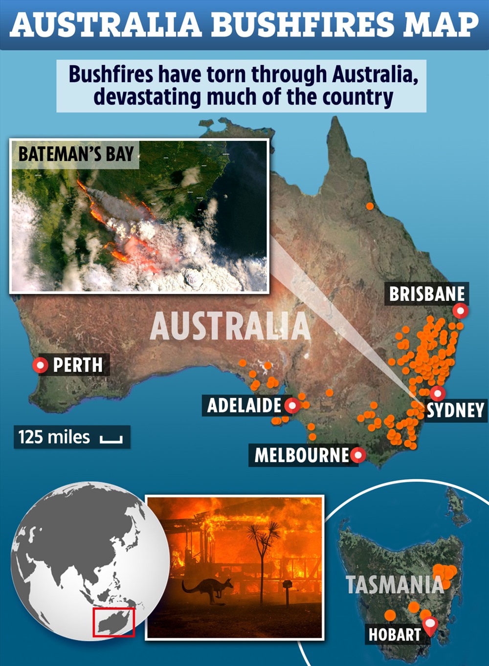 Bản đồ cháy rừng Australia. Ảnh: The Sun