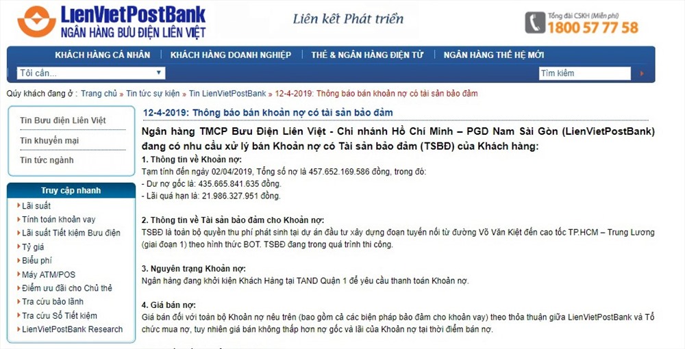 Giữa tháng 4.2019, LienVietPostBank chào bán khoản nợ gần 460 tỉ đồng với tài sản bảo đảm cho khoản vay là quyền thu phí phát sinh tại dự án do Công ty Yên Khánh làm chủ đầu tư. Ảnh: T.V