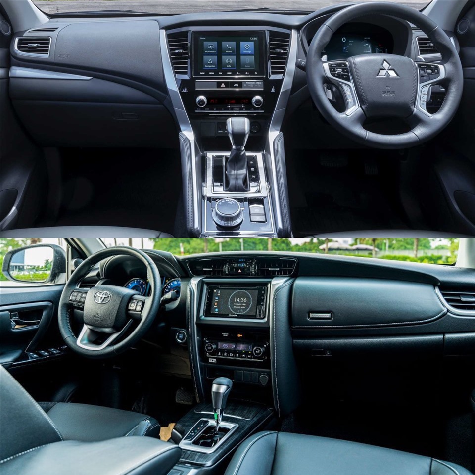 Bên trong khoang lái của hai mẫu xe Mitsubishi Pajero Sport 2020 và Toyota Fortuner 2020. Ảnh minh hoạ.