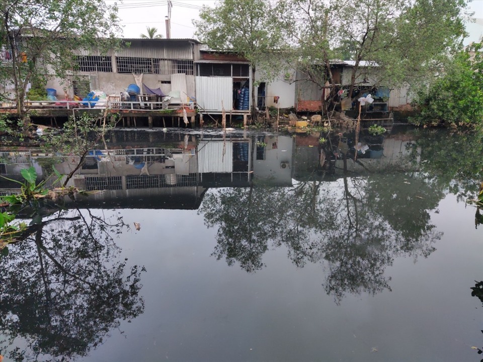 Nguồn nước mặt rạch Đầu Sấu đen kịt và bốc mùi hôi thúi ảnh hưởng sức khỏe đến hàng trăm hộ dân sinh sống ven con rạch này. Ảnh: Thành Nhân