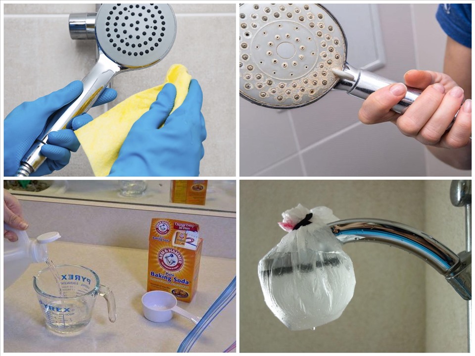 Để làm sạch, bên cạnh dùng hóa chất tẩy rửa lau, bạn cũng có thể dùng túi nilon chứa dấm (hoặc có thể kèm theo baking soda) chụp vào đầu vòi rồi buộc lại. Đồ họa: Đức Mạnh