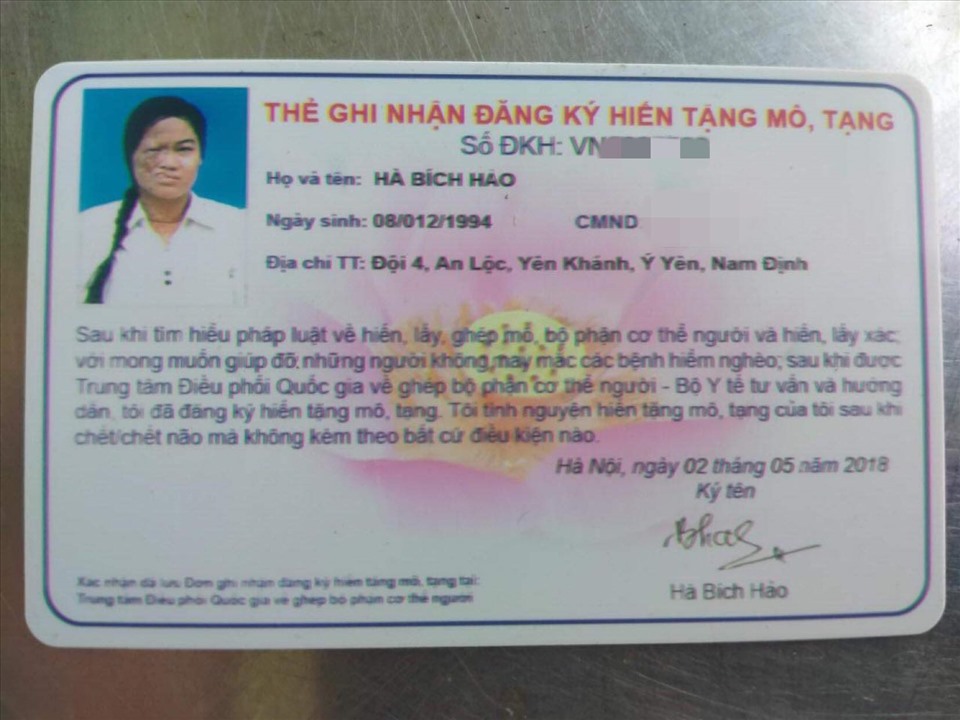 Thẻ đăng ký hiến tạng của Hà Bích Hảo. Ảnh: NVCC