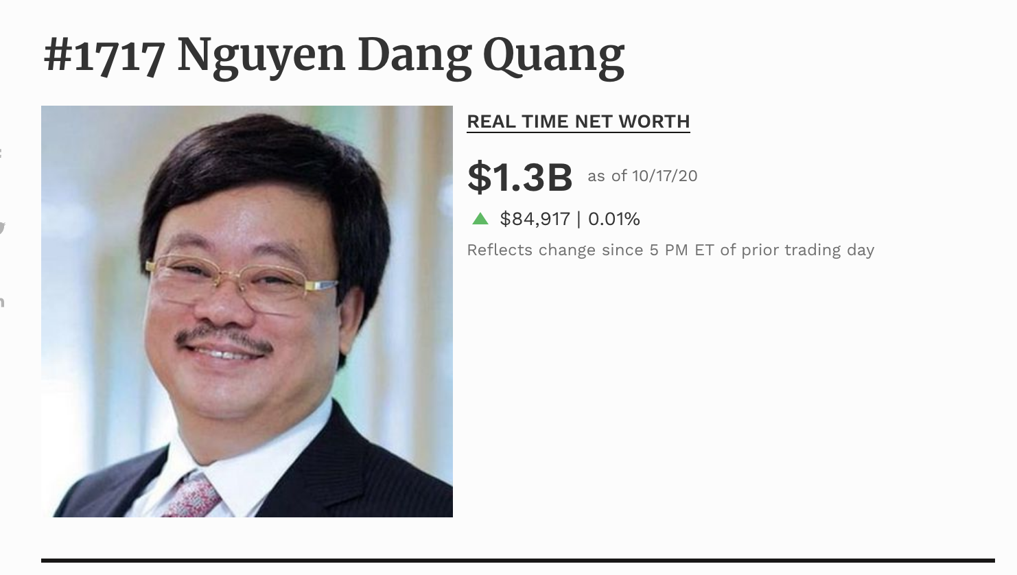 ông Nguyễn Đăng Quang đã chính thức trở lại danh sách những tỷ phú giàu nhất thế giới do Forbes công bố. Ảnh Forbes