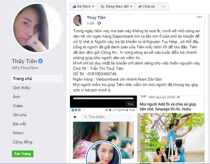 Thủy Tiên bức xúc chia sẻ lên fanpage chính thức. Ảnh: Chụp màn hình.