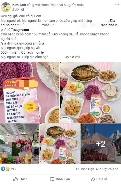 Nội dung được chia sẻ trên mạng xã hội về việc nhà hàng bị “bom cỗ“.