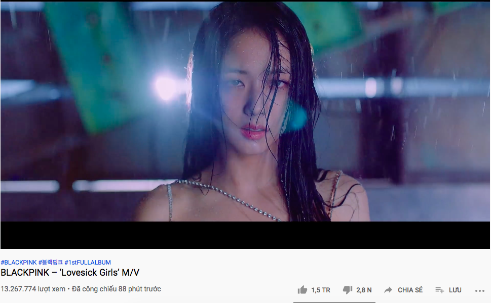 “Lovesick girls” đạt 13 triệu lượt xem sau hơn 1 tiếng công chiếu. Ảnh: CMH.