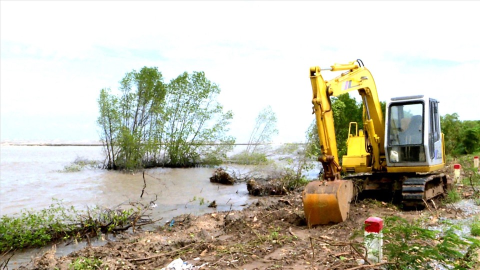 Nhiều đoạn đê không còn đai rừng phòng hộ che chắn, khiến sạt lở ngày càng nghiêm trọng (ảnh Sở NNPTNT Cà Mau)