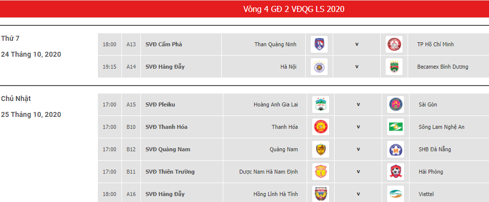 Lịch thi đấu lượt trận thứ 4 giai đoạn 2 V.League 2020. Ảnh: Chụp màn hình.