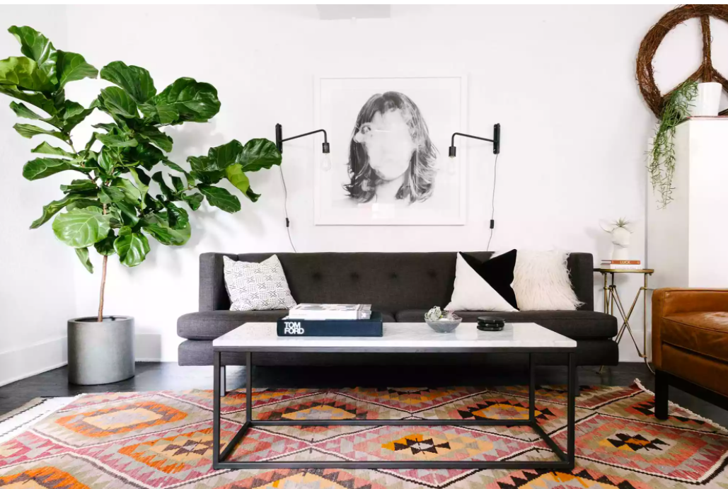 Tường trắng kết hợp sofa và thảm màu trầm. Ảnh: Havenly