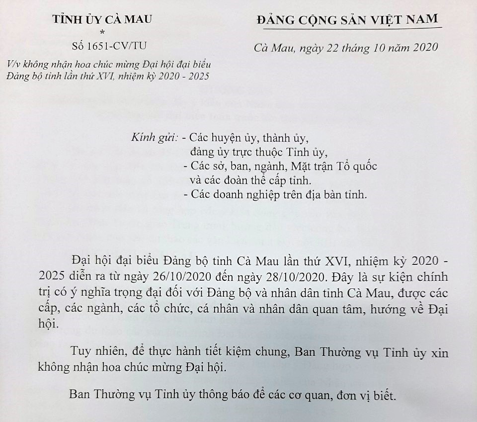 Văn bản của Tỉnh ủy Cà Mau mong các đơn vị đừng tặng hoa ngày Đại hội (ảnh Nhật Hồ)