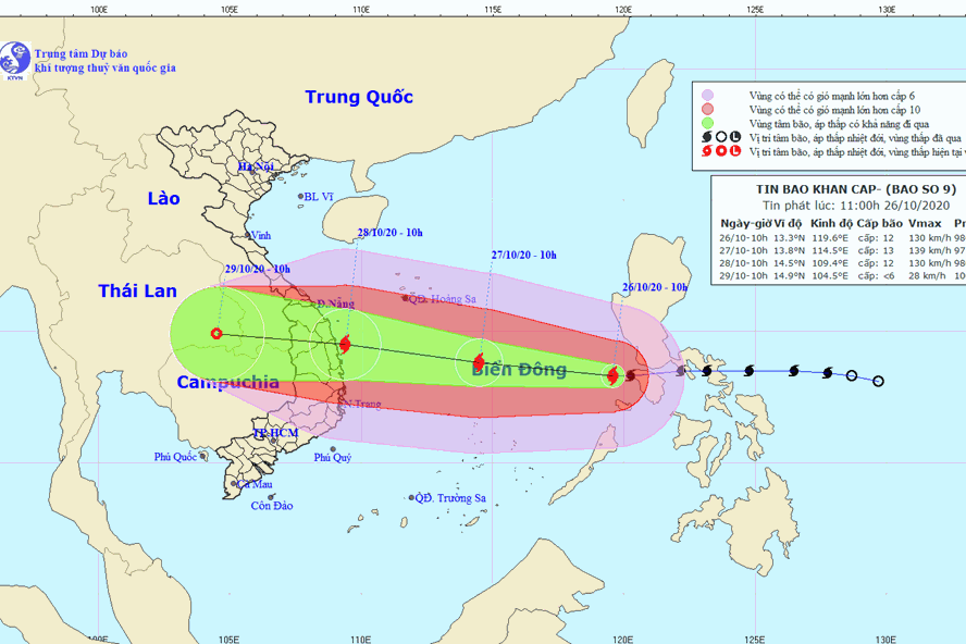Vị trí và đường đi của bão số 9. Ảnh: Trung tâm Dự báo KTTV Quốc gia.