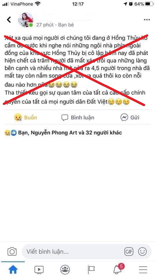 Thông tin sai sự thật được Nguyễn Thị Hồng A. đăng trên facebook. Ảnh: LPL