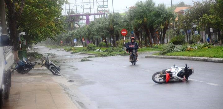 Trên tuyến đường Hùng Vương gió mạnh thổi ngã nhiều người đi đường và cây xanh.