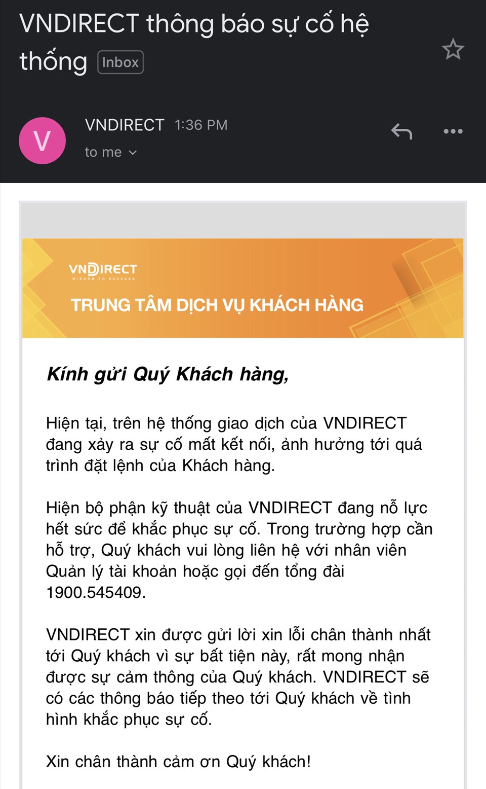 Email thông báo sự cố của VNDirect gửi cho khách hàng. Ảnh chụp màn hình