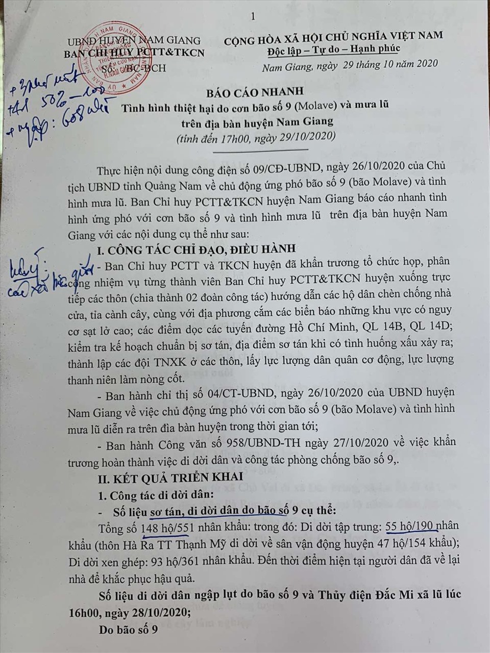 Báo cáo nhanh của chính quyền Nam Giang. Ảnh: V.Ng