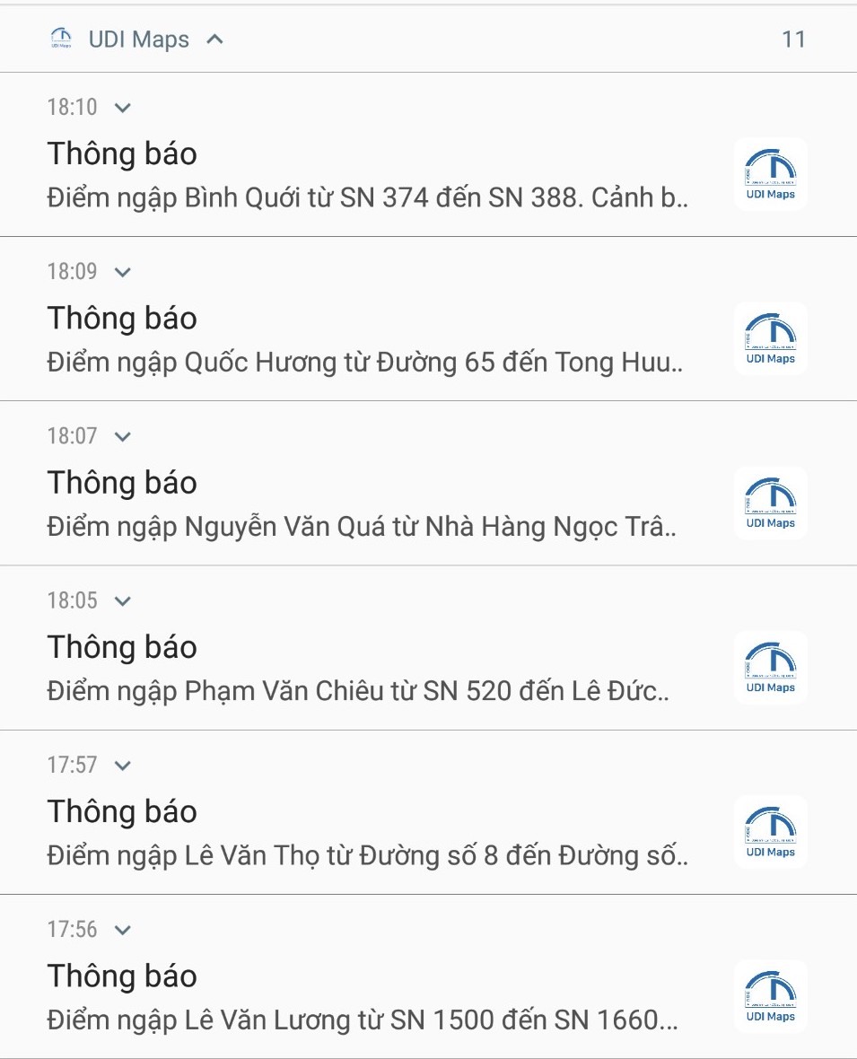 Ứng dụng cảnh báo ngập của Công ty thoát nước đô thị TPHCM liên tiếp phát thông tin. Ảnh: Chụp màn hình