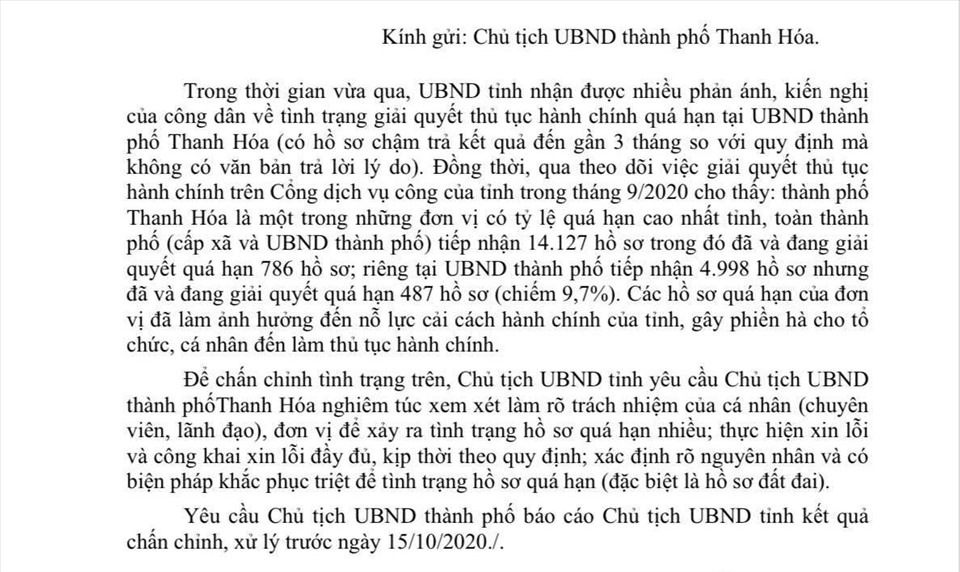Tỉnh Thanh Hóa yêu cầu các đơn vị để hồ sơ quá hạn phải làm rõ trách nhiệm và xin lỗi người dân. Ảnh: Q.D