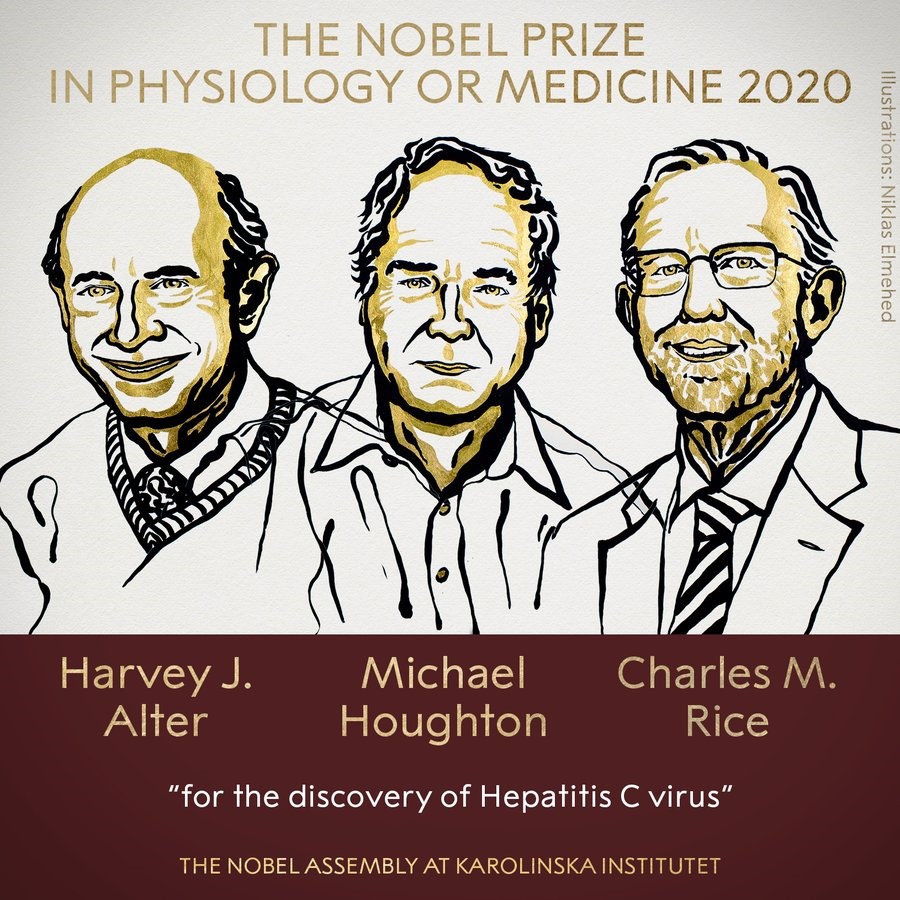 3 nhà khoa học Harvey J. Alter, Michael Houghton và Charles M. Rice nhận giải Nobel Y học 2020. Ảnh: Nobel Prize.