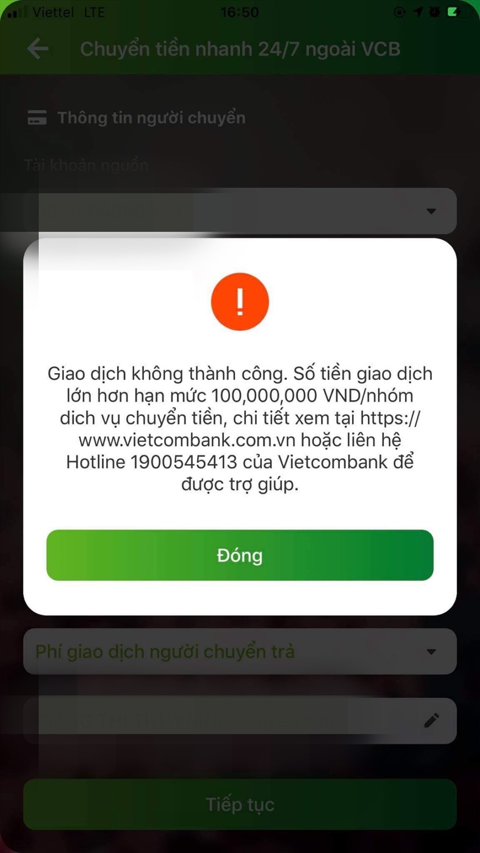 Tin nhắn báo không giao dịch thành công trên VCB DigiBank. Ảnh chụp màn hình