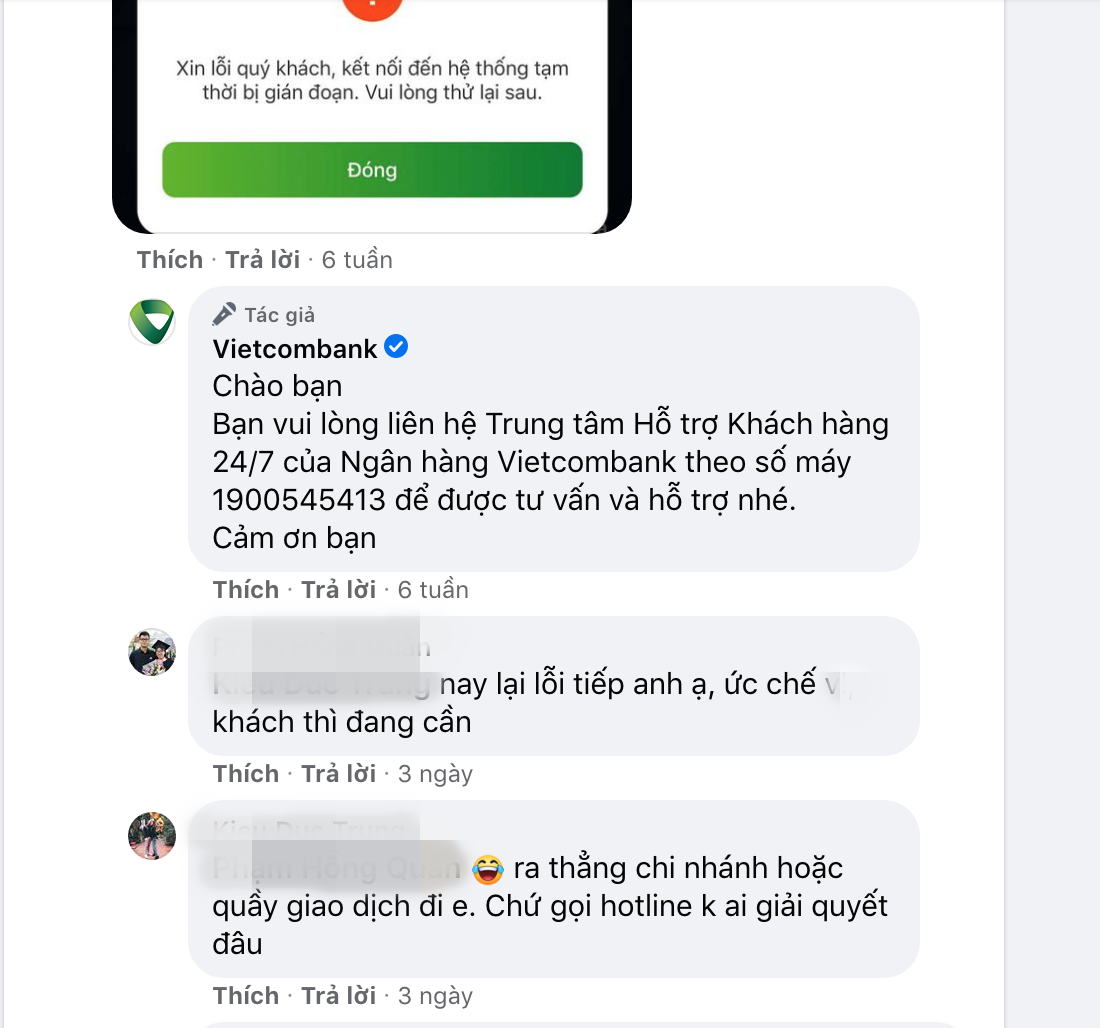 Có khách hàng phản ánh khi gặp sự cố gọi số hotline của Vietcombank không thể được. Ảnh chụp màn hình