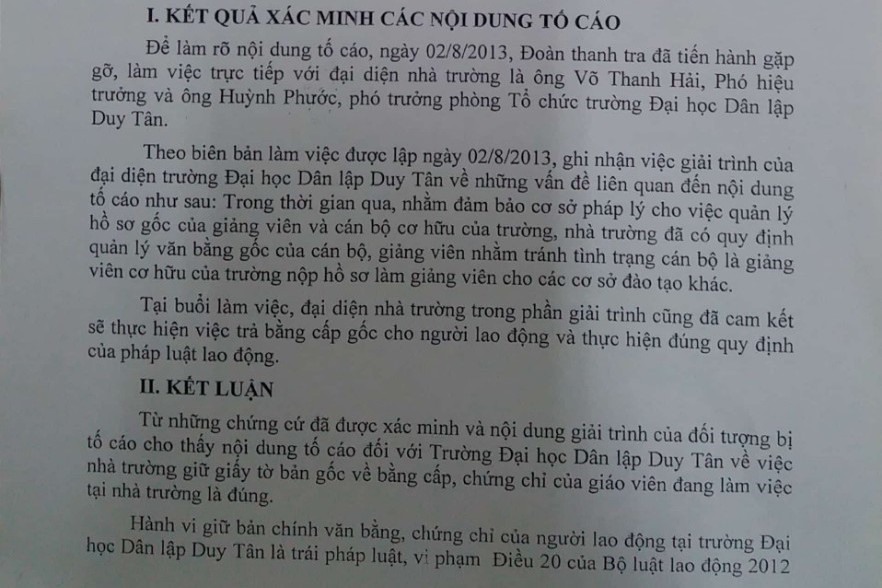 Cơ quan chức năng từng kết luận việc Đại học Duy Tân giam bằng cấp người lao động là có thật. Ảnh: Hữu Long