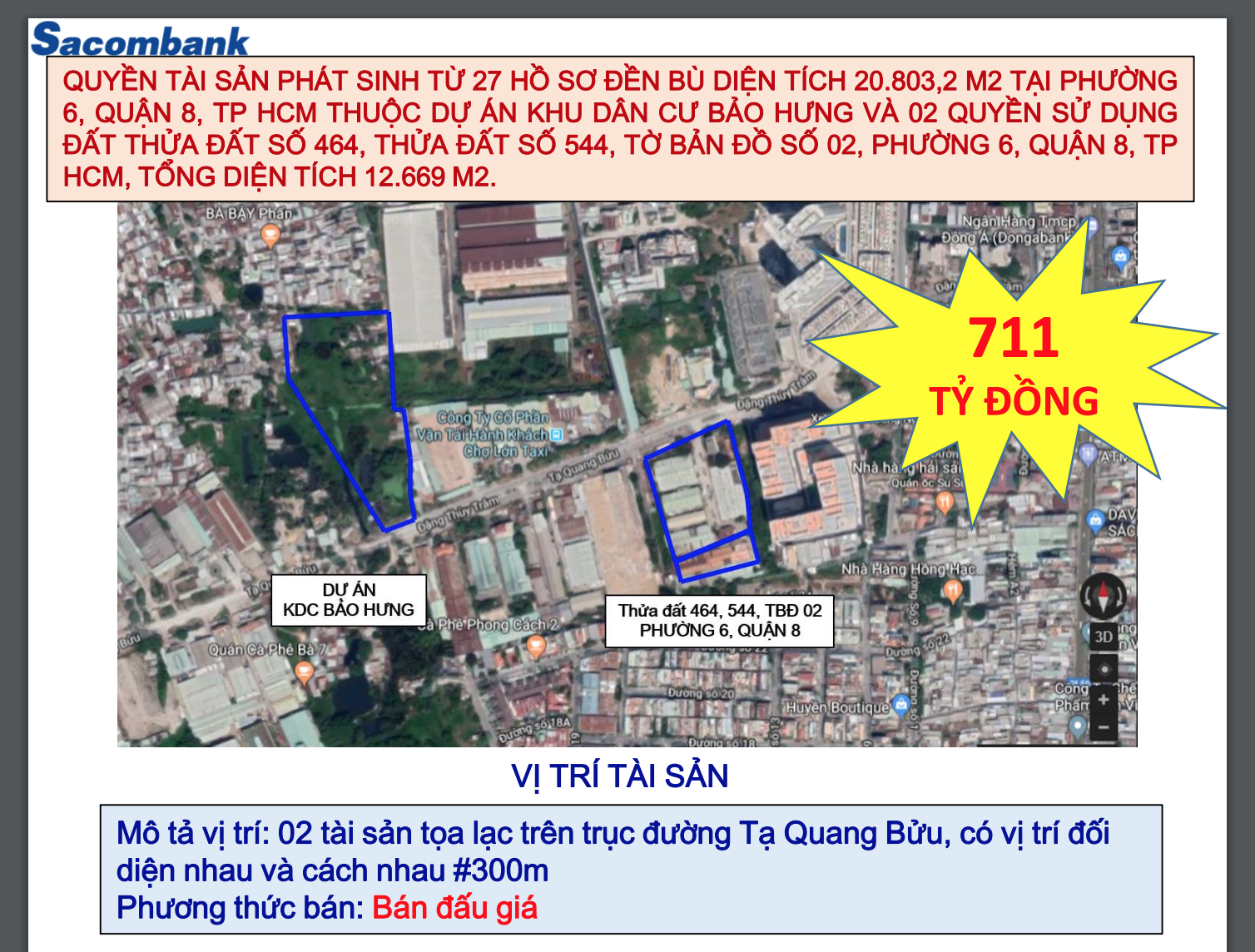 Sacombank đang rao bán khu đất trị giá 711 tỷ đồng. Ảnh chụp màn hình