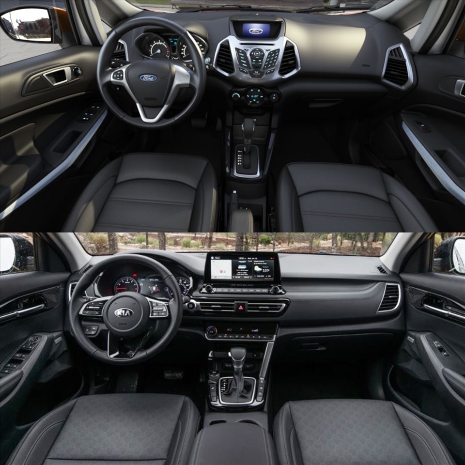 Bên trong khoang lái của hai mẫu xe B-SUV Kia Seltos và Ford EcoSport. Ảnh minh hoạ.