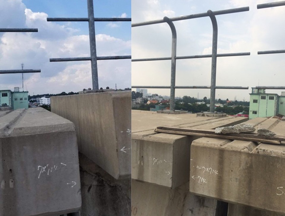 Hai đầu dầm metro số 1 trước và sau khi được khắc phục. Ảnh: MAUR