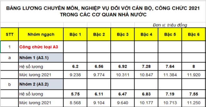 Một phần bảng lương cán bộ công chức năm 2021 chính thức. Nguồn: Luatvietnam