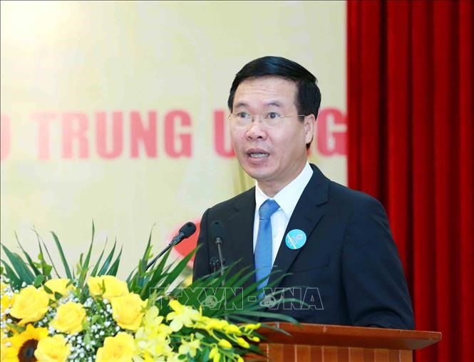 Đồng chí Võ Văn Thưởng, Uỷ viên Bộ Chính trị, Bí thư Trung ương Đảng, Trưởng Ban Tuyên giáo Trung ương phát biểu tại Đại hội. Ảnh: Phương Hoa/TTXVN