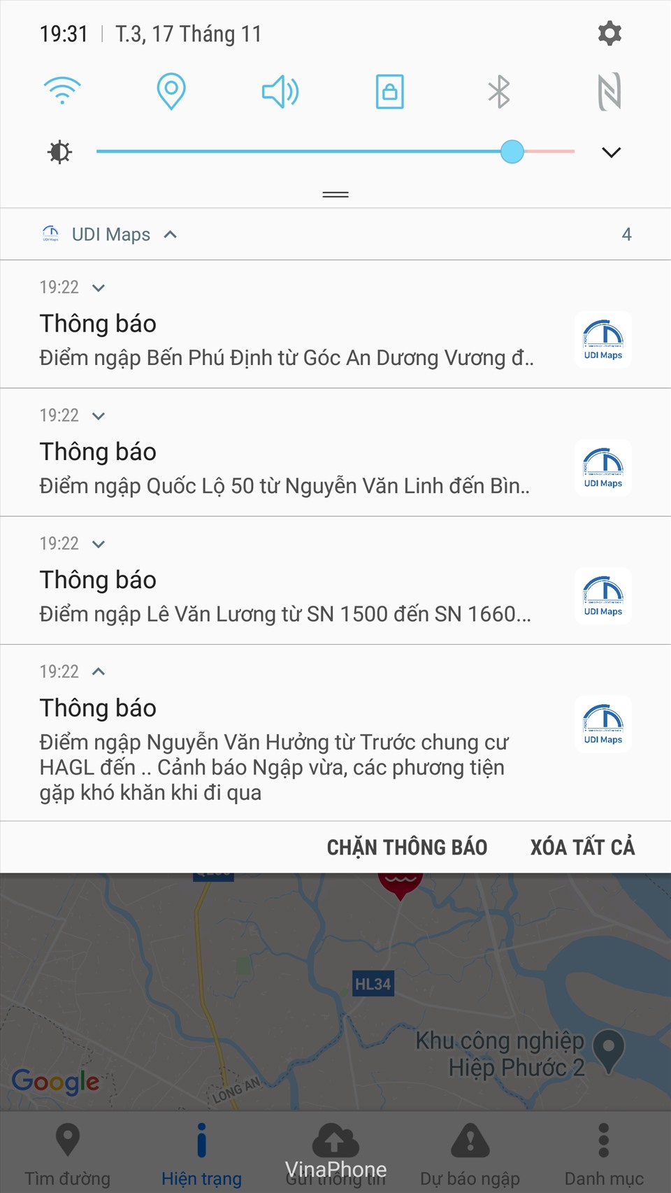 Ứng dụng cảnh báo ngập của Công ty thoát nước đô thị TPHCM liên tiếp phát thông tin. Ảnh: Chụp màn hình
