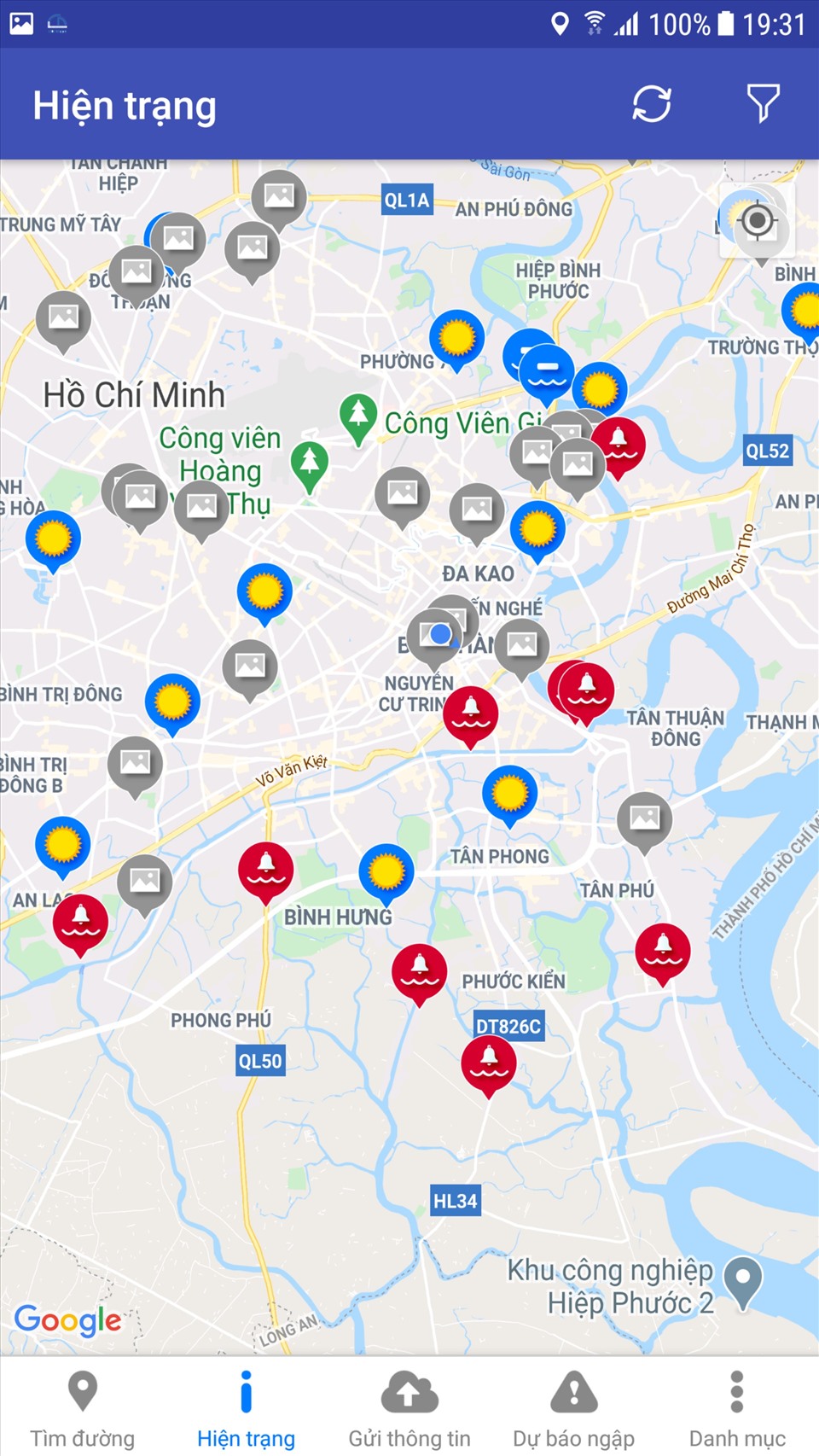 Điểm ngập (màu đỏ) được đánh dấu trên bản đồ ứng dụng. Ảnh chụp màn hình