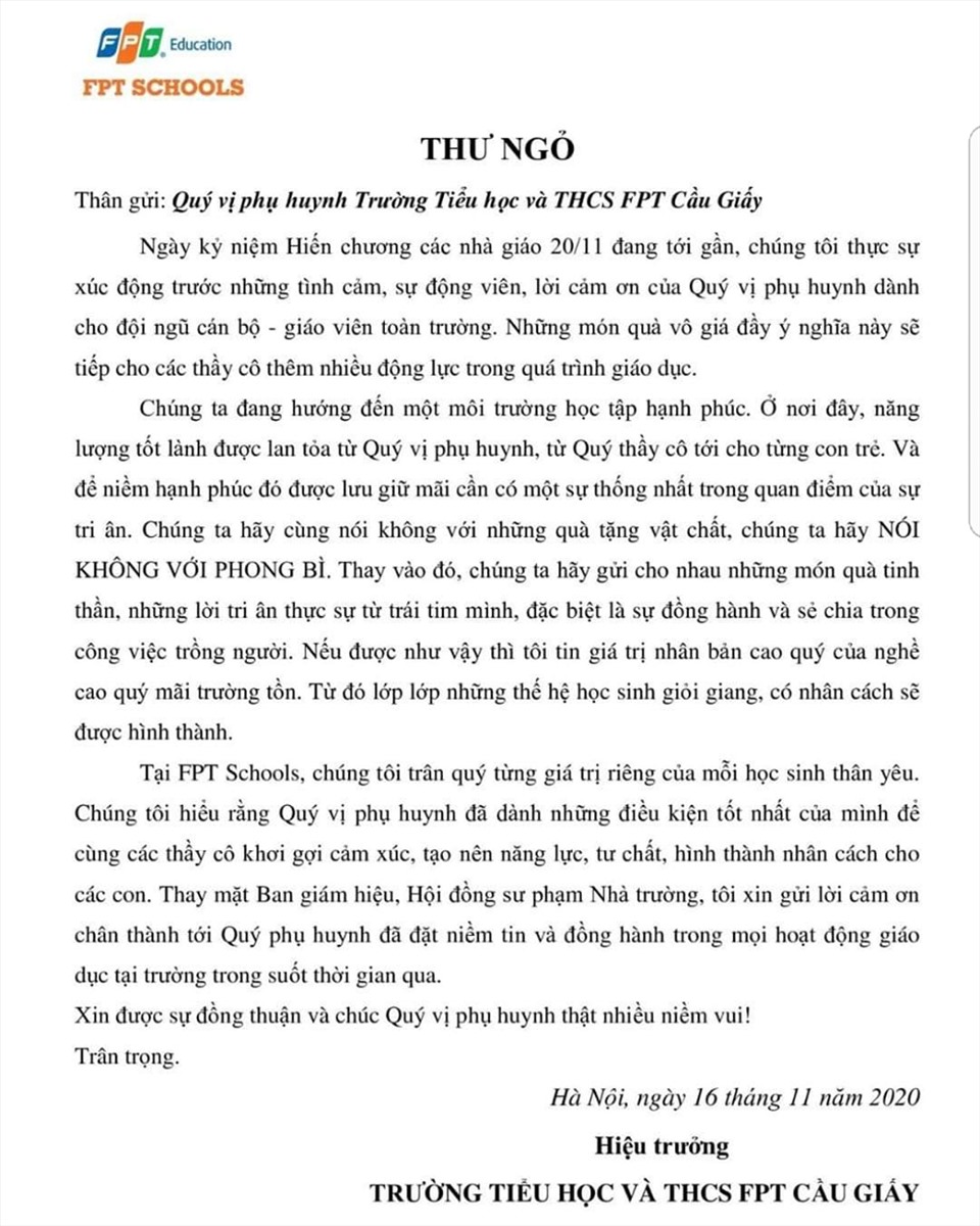 Thư ngỏ “Nói không với phong bì” của Trường