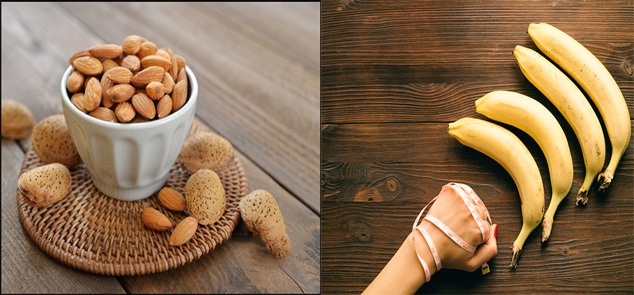 Hạnh nhân, chuối,... là thực phẩm tự nhiên giúp bạn giảm cân hiệu quả. Đồ họa: Kim Nhung
