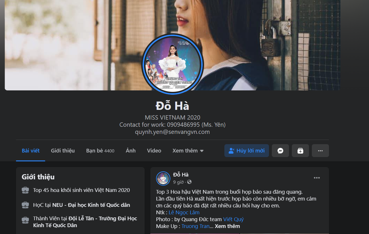 Facebook chính thức của Đỗ Thị Hà được ban tổ chức xác nhận. Ảnh: Chụp màn hình