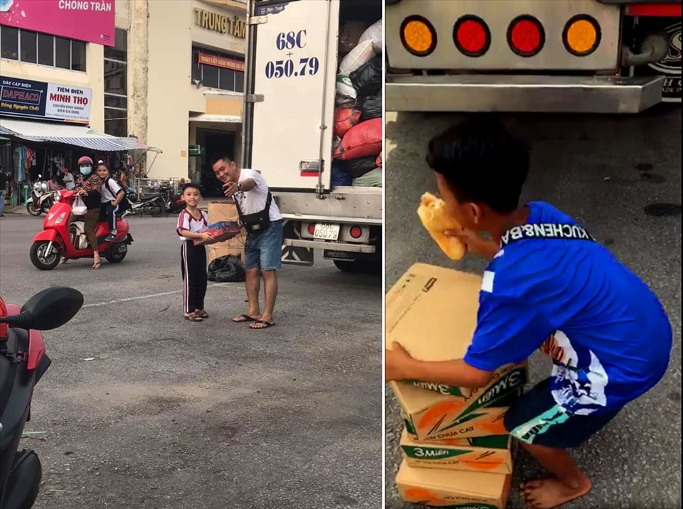 Em nhỏ dành tiền để ống heo mua thùng mì đến ủng hộ đồng bào Miền Trung. Ảnh của đội xe 68