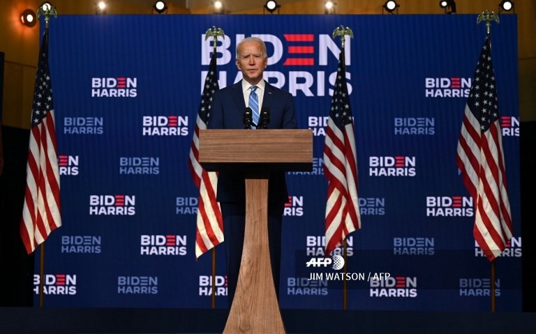 Phát biểu của ông Biden được đưa ra sau khi đã giành chiến thắng tại bang chiến trường Michigan, nâng số phiếu đại cử tri lên 264 và chỉ còn cách mốc 270 phiếu đại cử tri để chiến thắng 6 phiếu. Ảnh: AFP.