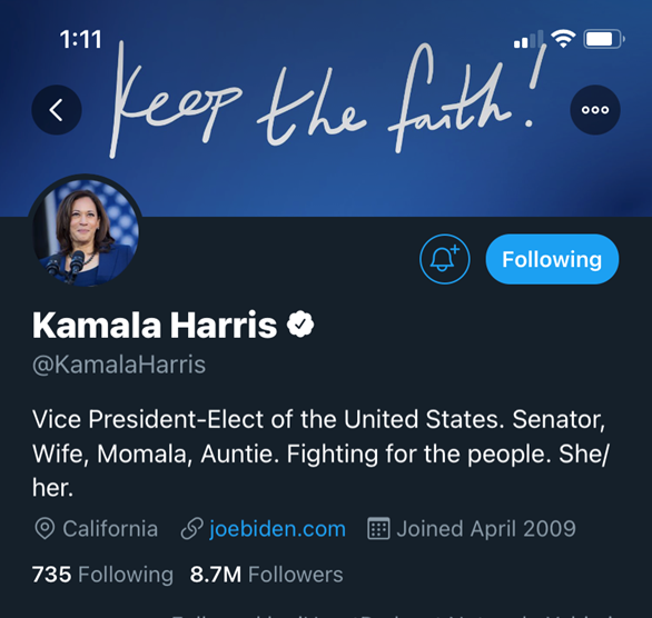 Ông Joe Biden và bà Kamala Harris đều đổi thông tin trên Twitter thành tổng thống đắc cử và phó tổng thống đắc cử. Ảnh chụp màn hình.