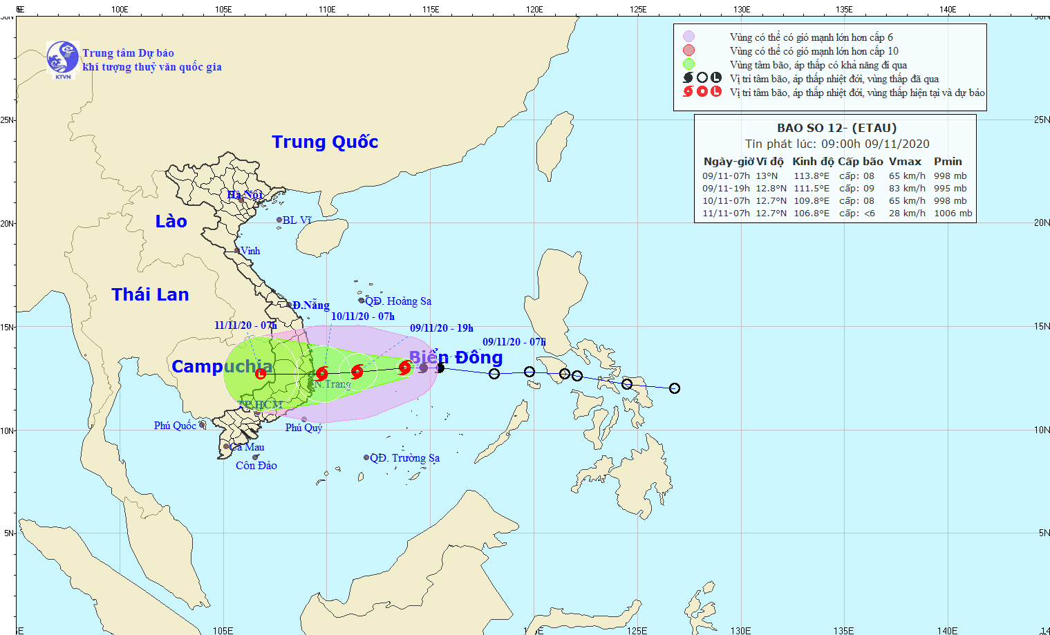 Vị tr&iacute;, hướng đi của b&atilde;o số 12. Nguồn: NCHMF