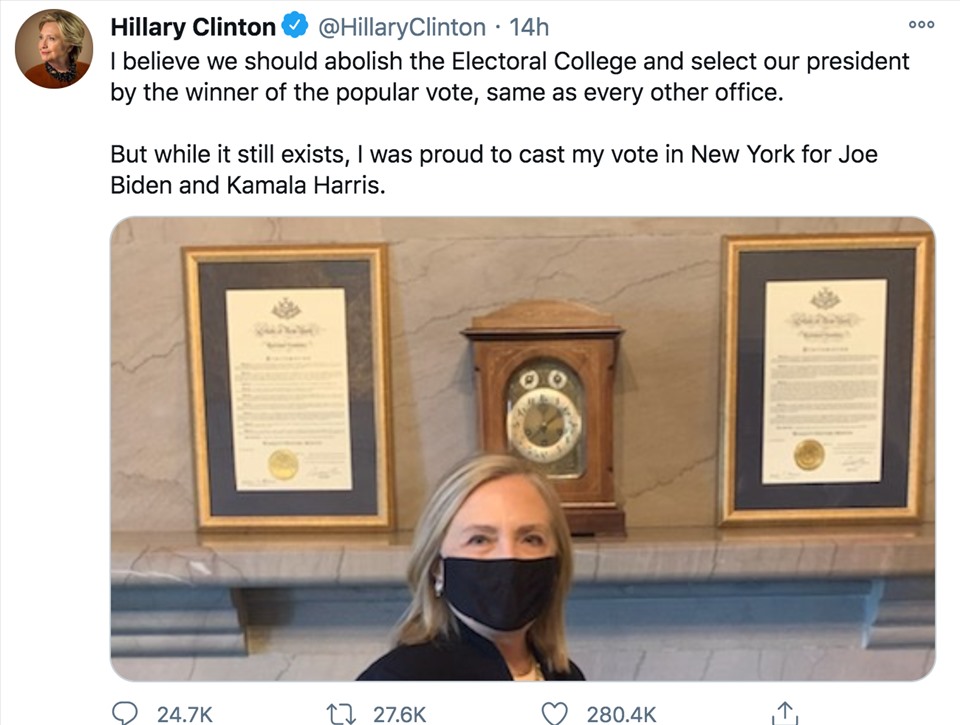 Hillary Clinton wrote on Twitter calling for the abolition of the electoral college.  Screenshots