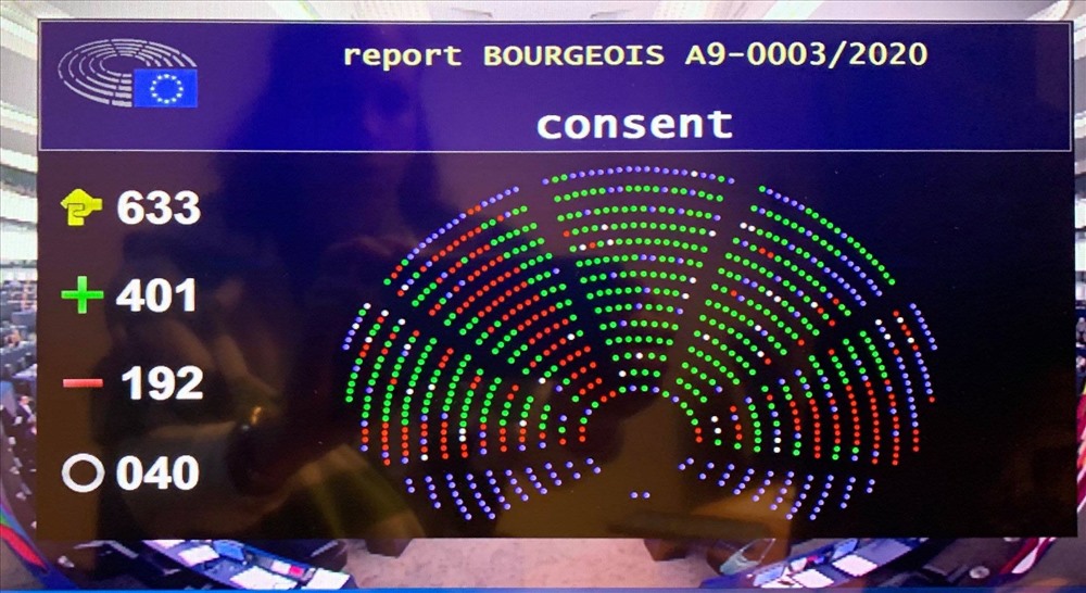 Kết quả bỏ phiếu phiên toàn thể của Nghị viện Châu Âu với EVFTA. Ảnh chụp màn hình.