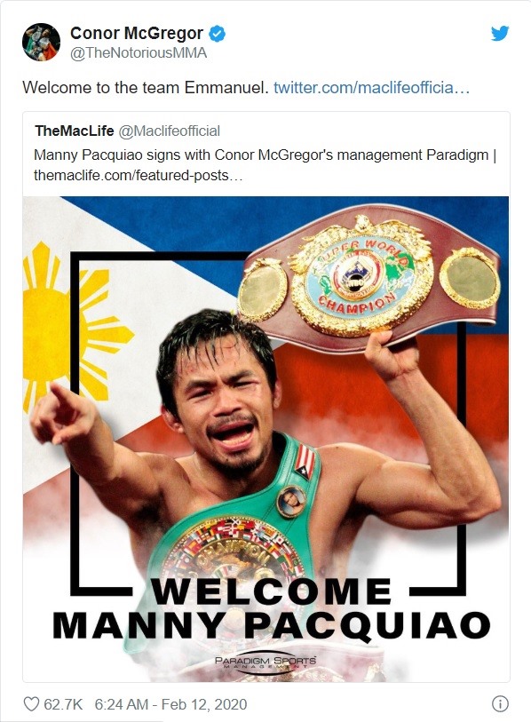 Dòng trạng thái của McGregor. Ảnh: Twitter.