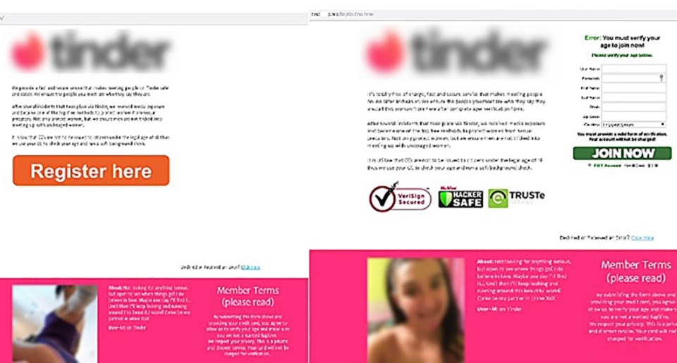 Một trang web lừa đảo dưới vỏ bọc của Tinder yêu cầu người dùng đăng kí để tìm đối tượng hẹn hò (ảnh chụp màn hình/V.T). Một trang web lừa đảo dưới vỏ bọc của Tinder yêu cầu người dùng đăng kí để tìm đối tượng hẹn hò (ảnh chụp màn hình/V.T).