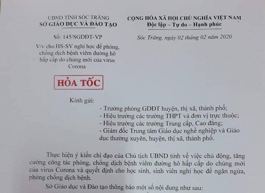Công văn “hỏa tốc” của Giám đốc Sở Giáo dục Đào tạo Sóc Trăng ngày 2.2. Ảnh Nhật Hồ.