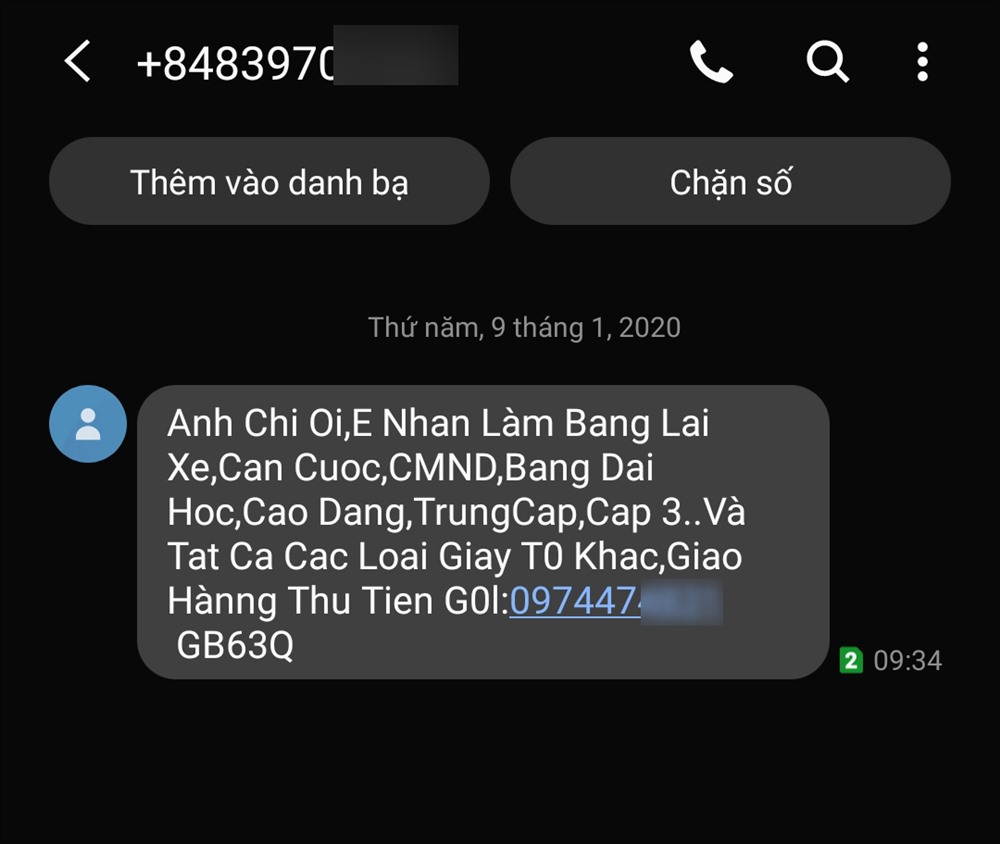 Tin nhắn chào mời làm giấy tờ giả.