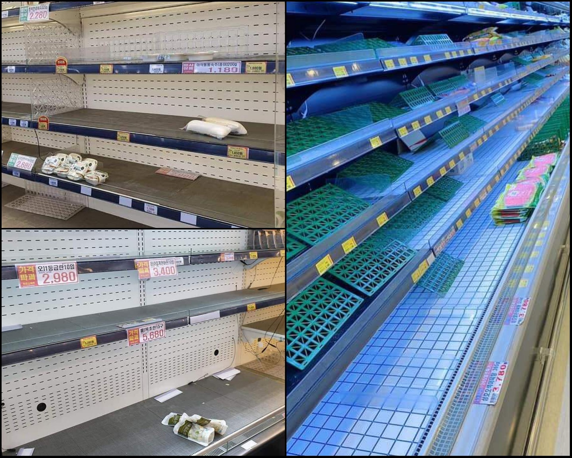 Các kệ hàng hóa tại siêu thị ở Hàn Quốc trắng bóng thực phẩm. Ảnh: NV.
