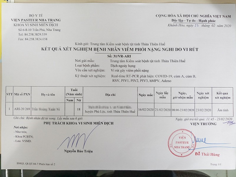 Kết quả xét nghiệm từ Viện Pasteur Nha Trang.