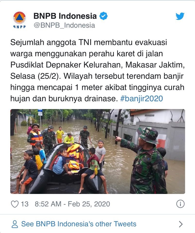 Thông tin và hình ảnh cập nhật tình hình lũ lụt ở Jakarta trên trang Twitter của Cơ quan Phòng chống thiên tai Quốc gia Indonesia. Ảnh: Twitter