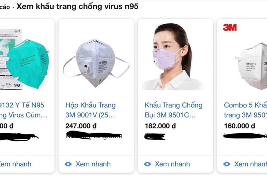 Khẩu trang N95 được bán có giá đắt đỏ. Ảnh chụp màn hình